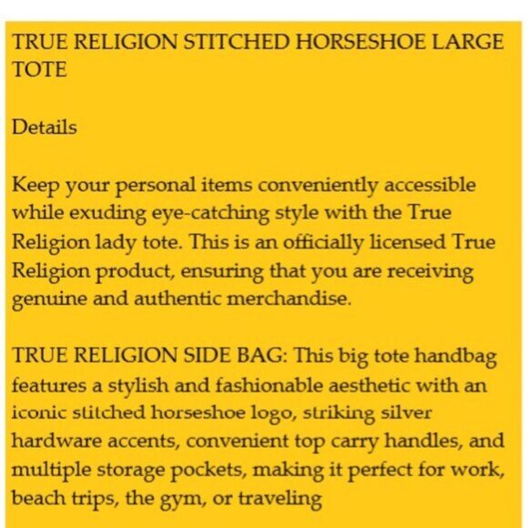 TRUE RELIGION STITCHED HORSESHOE LARGE TOTE BAG 🆕NWT/FAST SHIPPING😮‍💨⚡🚚 - Picture 5 of 16